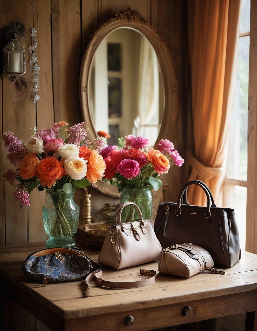 A stylish display of various chic purses and accessories elegantly arranged on a vintage wooden table, surrounded by soft natural light filtering through sheer curtains. Include a mirror reflecting some accessories, with delicate flowers scattered around for a touch of femininity. The overall atmosphere should convey luxury and fashion-forward thinking. vibrant colors. soft focus. elegant style.
