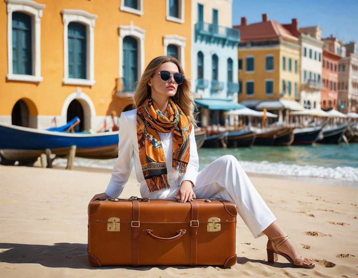 A chic travel scene featuring stylish accessories like a designer handbag, elegant sunglasses, and a fashionable scarf positioned alongside a vintage suitcase, all set against a scenic backdrop of a picturesque beach or vibrant cityscape. The overall mood should convey sophistication and wanderlust, combining elements of everyday fashion with travel gear. super-realistic. vibrant colors. white background.