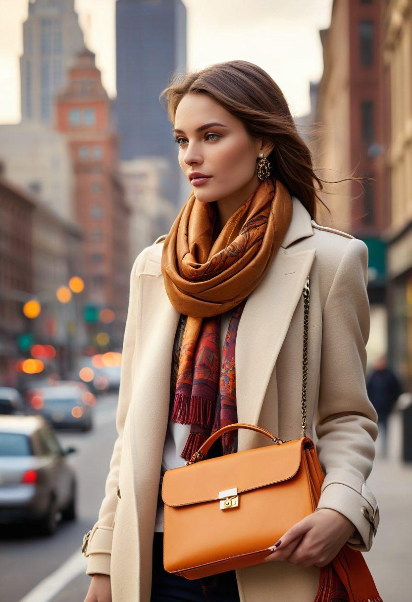 A chic arrangement of various stylish bags and accessories, featuring a trendy handbag, elegant clutch, and a colorful scarf draped artistically. Include a stylish background with hints of a modern cityscape in soft focus, suggesting an upscale urban vibe. Natural light should cast a warm glow over the accessories, highlighting their textures and colors. Emphasize fashion-forward details and a sense of luxury. super-realistic. vibrant colors. modern background.